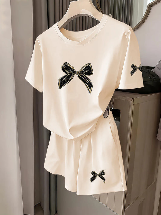 French Retro Style Exquisite Gold-Edged Bow Print Short-Sleeve Set for Women, Loose and Slimming, Elegant and Casual Fashion Versatile T-Shirt and Shorts Two-Piece Set, Daily Date Outfit, Women's Clothing